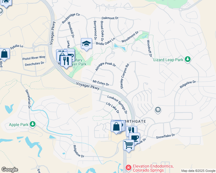 map of restaurants, bars, coffee shops, grocery stores, and more near 1271 Mount Estes Drive in Colorado Springs