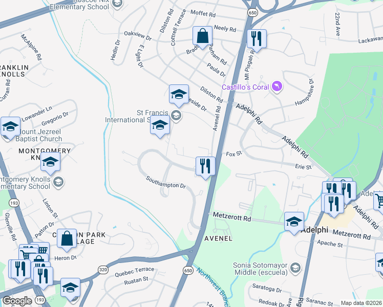 map of restaurants, bars, coffee shops, grocery stores, and more near 1432 Hampshire West Court in Silver Spring