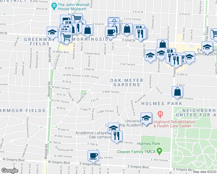 map of restaurants, bars, coffee shops, grocery stores, and more near 6637 Oak Street in Kansas City