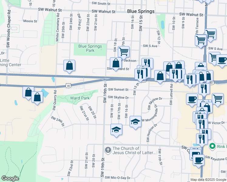 map of restaurants, bars, coffee shops, grocery stores, and more near 1715 Southwest Skyline Drive in Blue Springs