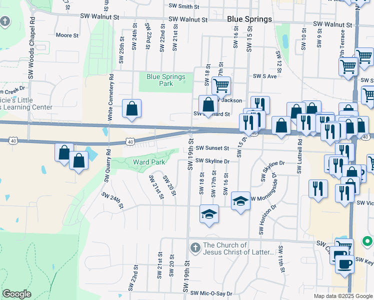 map of restaurants, bars, coffee shops, grocery stores, and more near 915 Southwest 19th Street in Blue Springs