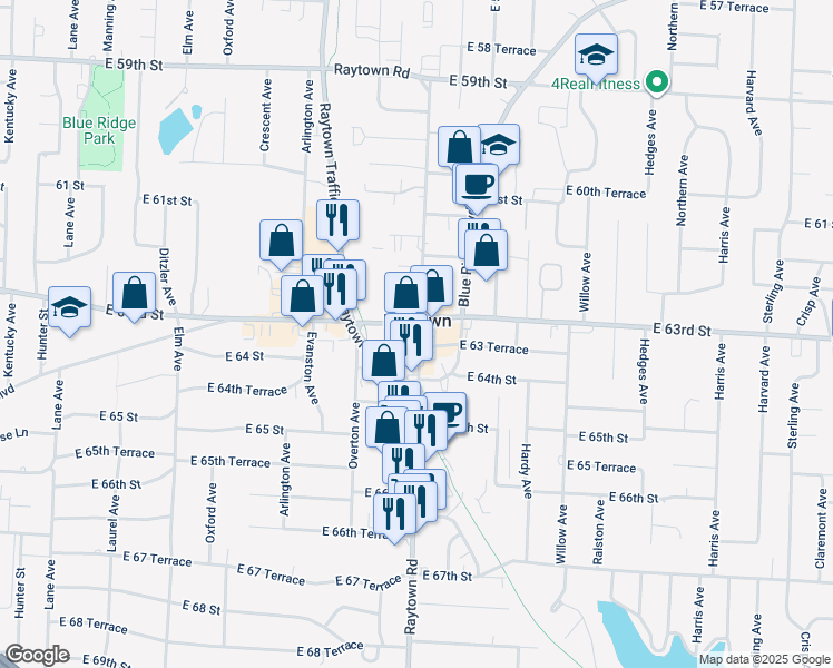 map of restaurants, bars, coffee shops, grocery stores, and more near 6328 Raytown Road in Raytown