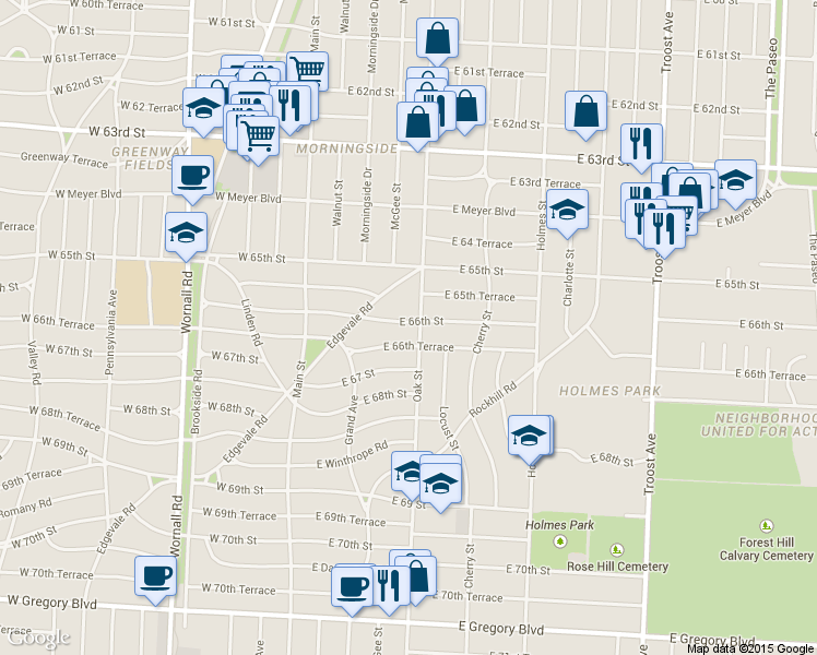 map of restaurants, bars, coffee shops, grocery stores, and more near 6637 Oak Street in Kansas City