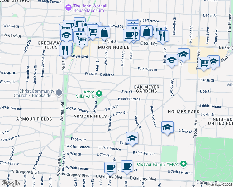map of restaurants, bars, coffee shops, grocery stores, and more near 213 East 66th Terrace in Kansas City