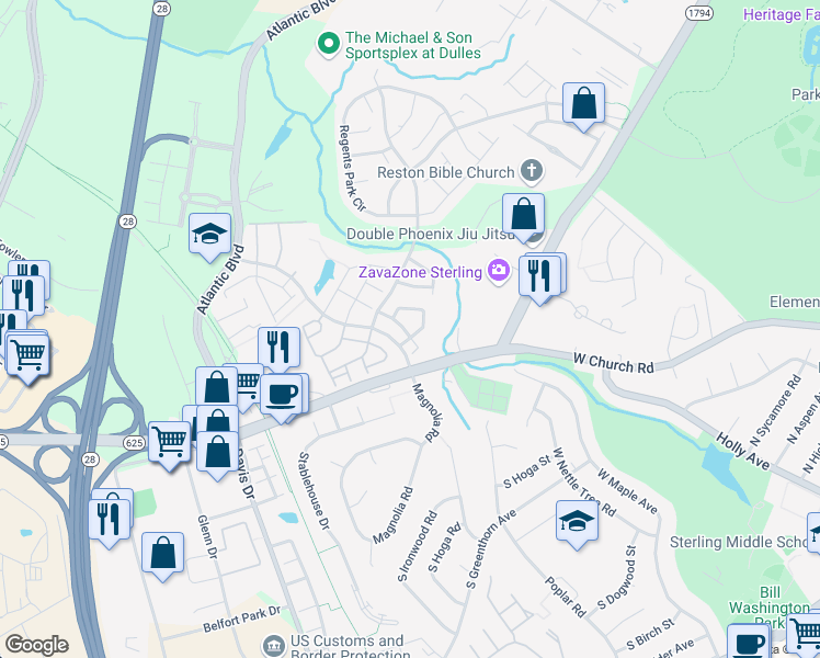 map of restaurants, bars, coffee shops, grocery stores, and more near 45620 Iron Horse Terrace in Sterling