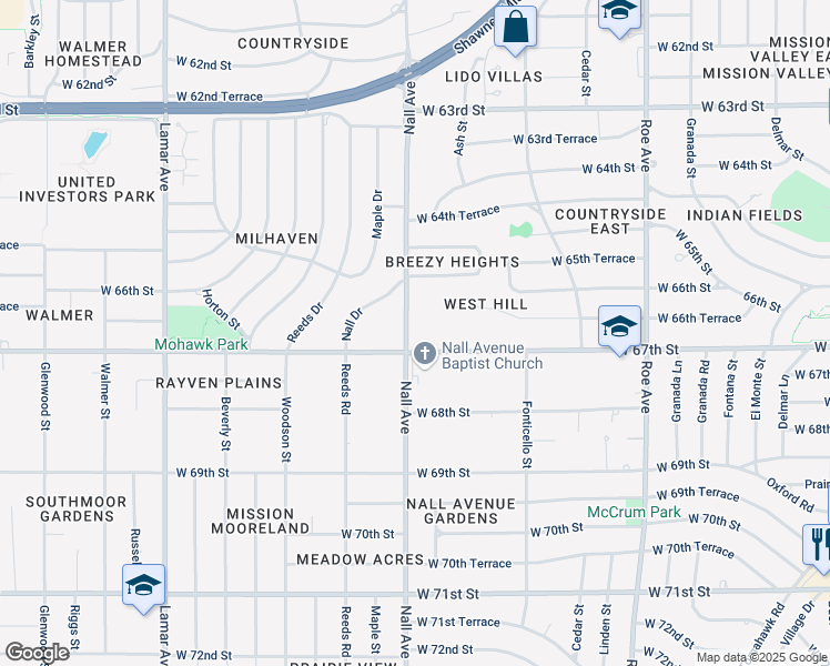 map of restaurants, bars, coffee shops, grocery stores, and more near 5401 West 67th Street in Prairie Village