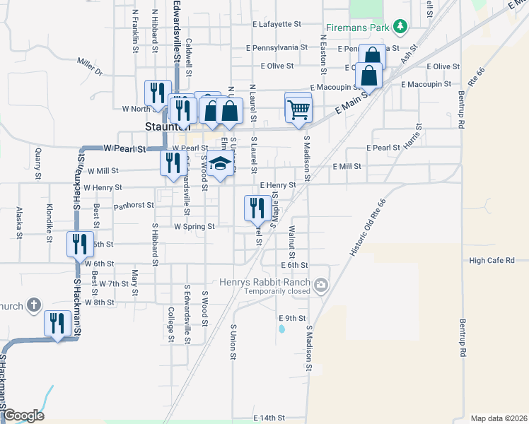 map of restaurants, bars, coffee shops, grocery stores, and more near 556-628 S Laurel St in Staunton