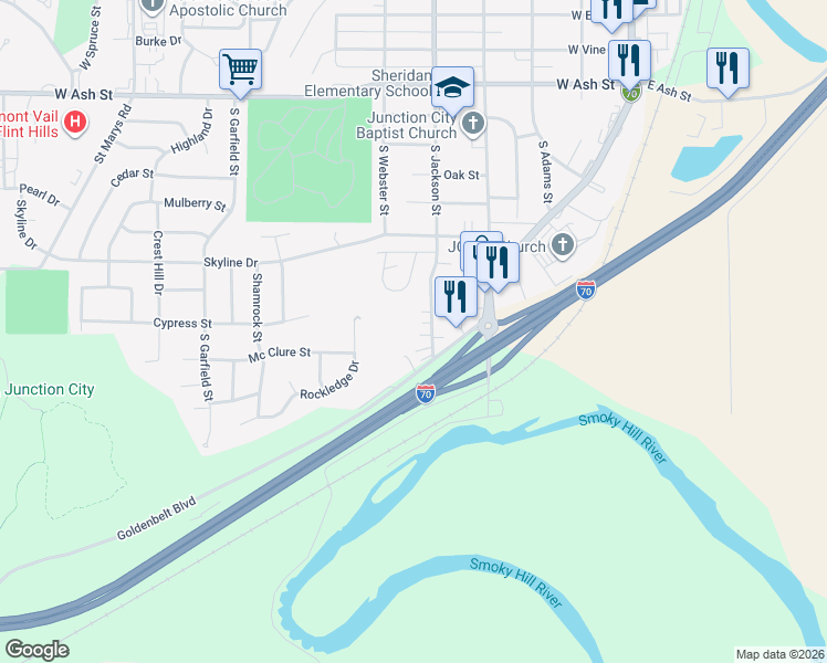 map of restaurants, bars, coffee shops, grocery stores, and more near 1334 South Jackson Street in Junction City