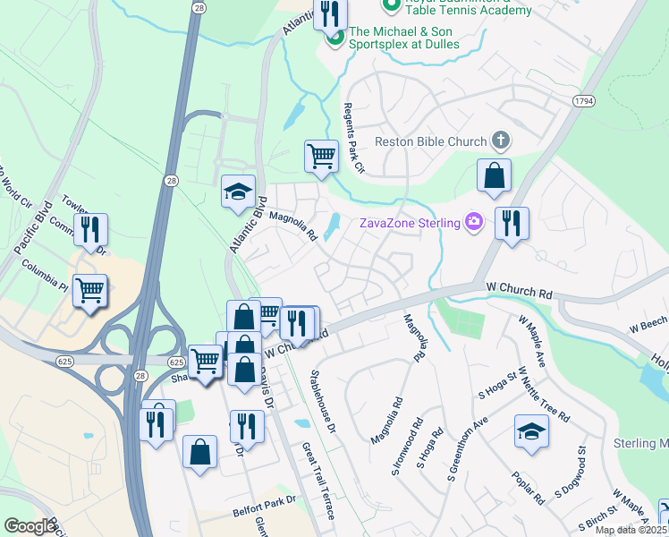 map of restaurants, bars, coffee shops, grocery stores, and more near 21975 Manning Square in Sterling