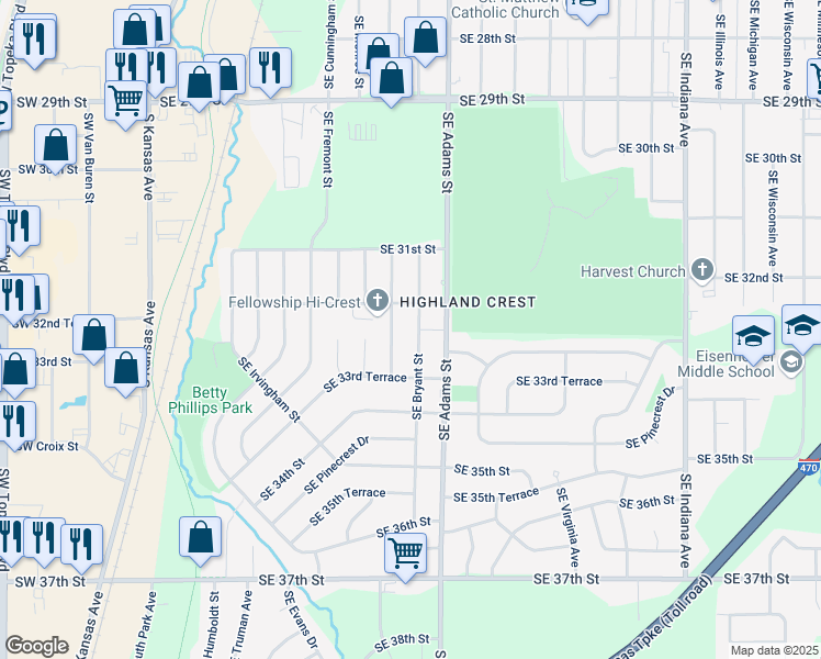 map of restaurants, bars, coffee shops, grocery stores, and more near 3309 Southeast Bryant Street in Topeka