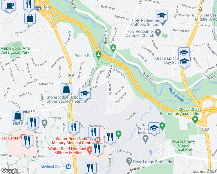 map of restaurants, bars, coffee shops, grocery stores, and more near 9302 Chanute Drive in Bethesda