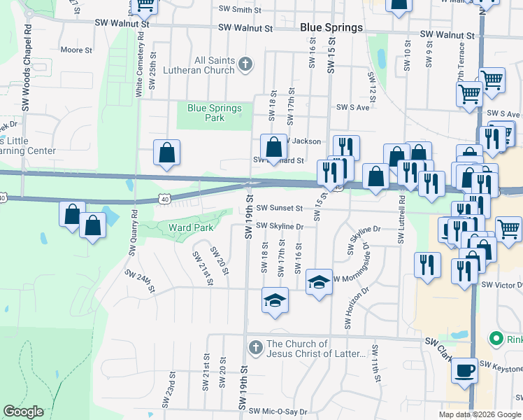 map of restaurants, bars, coffee shops, grocery stores, and more near 1724 U.S. 40 in Blue Springs
