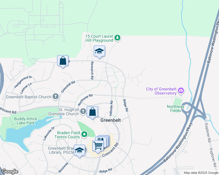 map of restaurants, bars, coffee shops, grocery stores, and more near 11 Hillside Road in Greenbelt