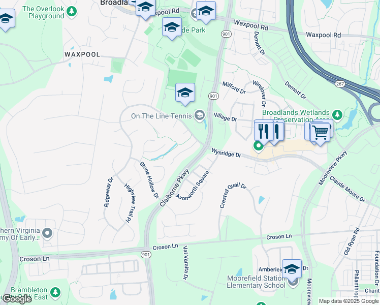 map of restaurants, bars, coffee shops, grocery stores, and more near 21990 Sunstone Court in Broadlands