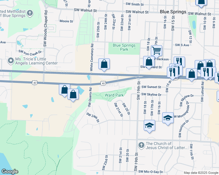 map of restaurants, bars, coffee shops, grocery stores, and more near 2300 U.S. 40 in Blue Springs
