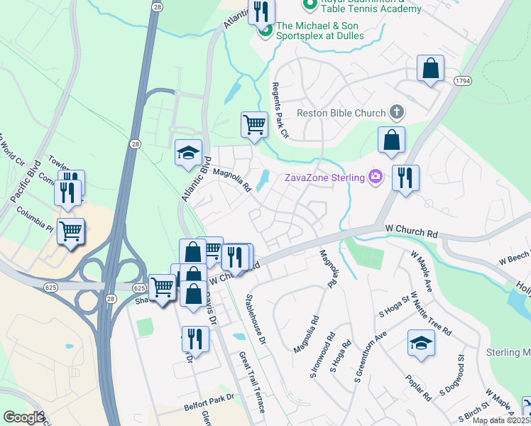 map of restaurants, bars, coffee shops, grocery stores, and more near 21975 Manning Square in Sterling
