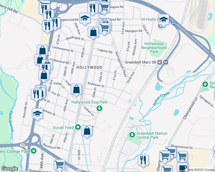 map of restaurants, bars, coffee shops, grocery stores, and more near 5100 Kenesaw Street in College Park