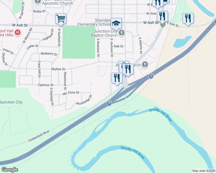 map of restaurants, bars, coffee shops, grocery stores, and more near 1147 South Jackson Street in Junction City