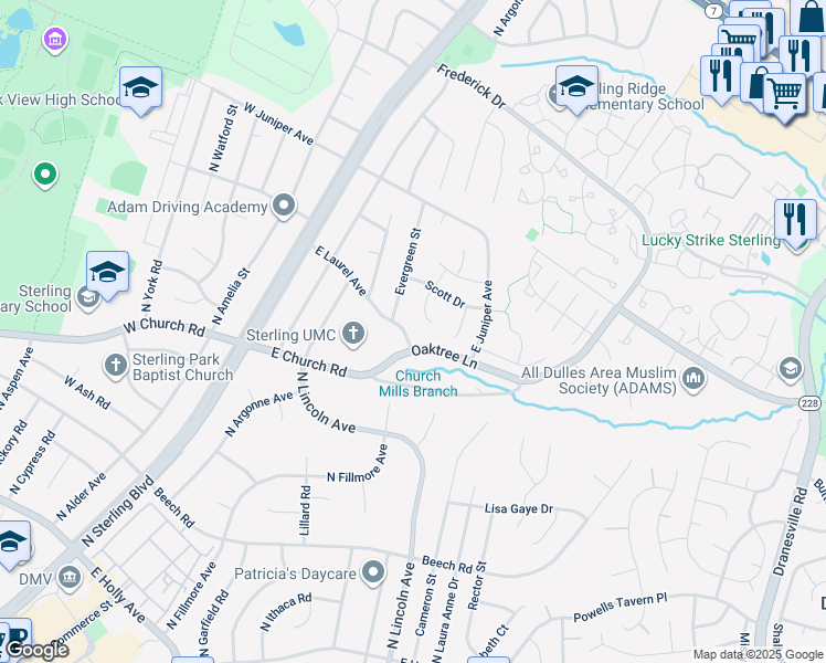 map of restaurants, bars, coffee shops, grocery stores, and more near 414 East Laurel Avenue in Sterling