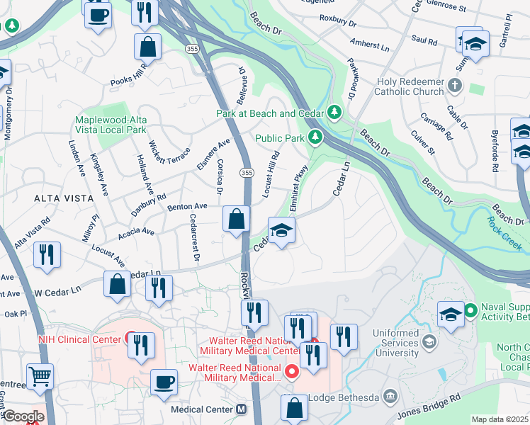 map of restaurants, bars, coffee shops, grocery stores, and more near in Bethesda