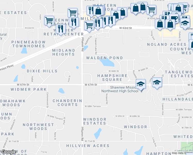 map of restaurants, bars, coffee shops, grocery stores, and more near 6618 Hauser Drive in Shawnee