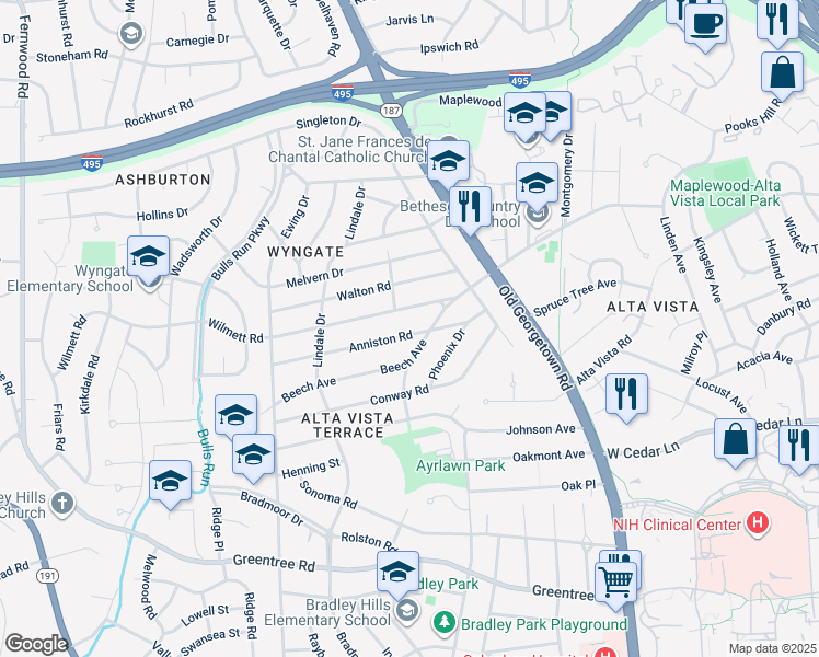 map of restaurants, bars, coffee shops, grocery stores, and more near 5907 Anniston Road in Bethesda