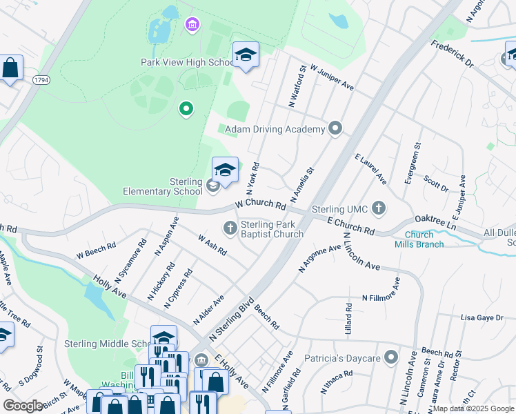map of restaurants, bars, coffee shops, grocery stores, and more near 119 West Church Road in Sterling