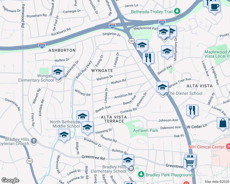 map of restaurants, bars, coffee shops, grocery stores, and more near 5916 Wilmett Road in Bethesda