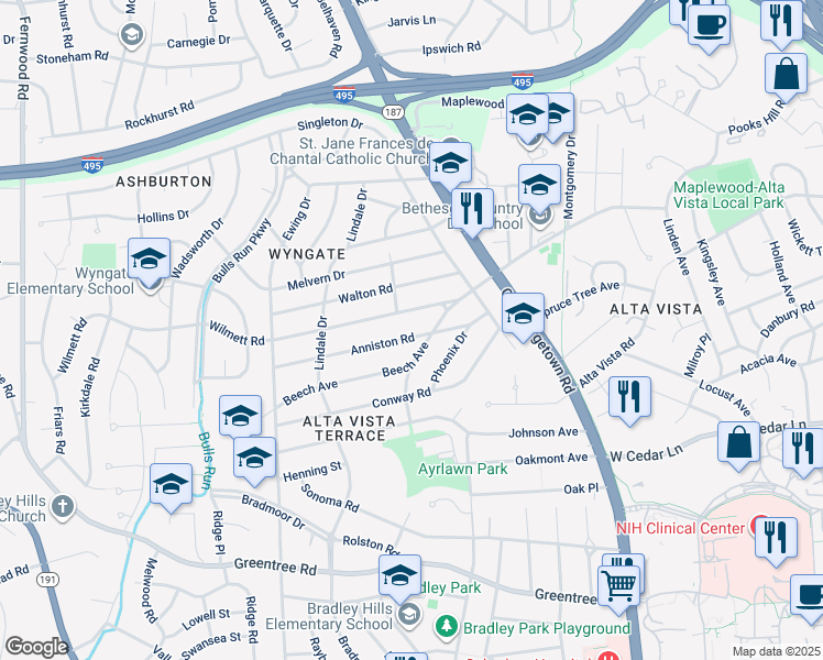 map of restaurants, bars, coffee shops, grocery stores, and more near 5907 Anniston Road in Bethesda