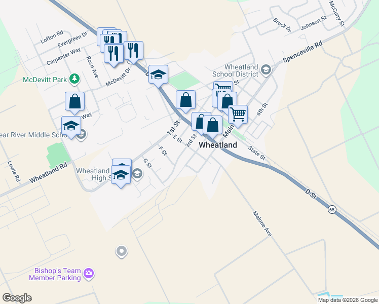 map of restaurants, bars, coffee shops, grocery stores, and more near 615 3rd Street in Wheatland