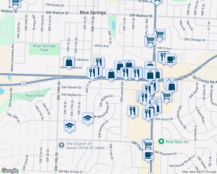 map of restaurants, bars, coffee shops, grocery stores, and more near 1201 Southwest Sunset Street in Blue Springs