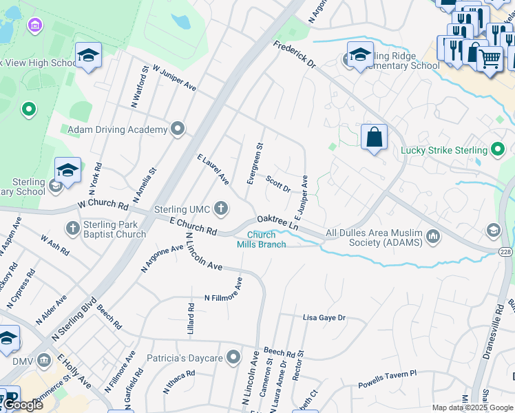 map of restaurants, bars, coffee shops, grocery stores, and more near 414 East Laurel Avenue in Sterling