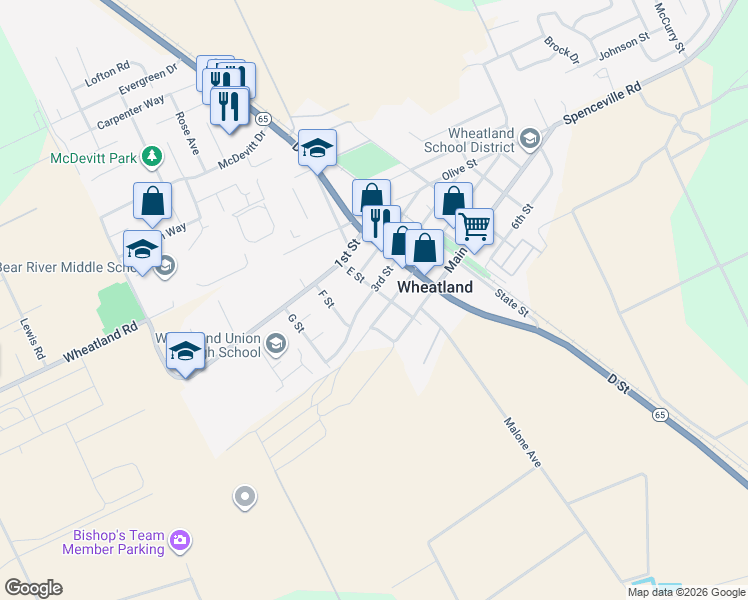 map of restaurants, bars, coffee shops, grocery stores, and more near 615 3rd Street in Wheatland