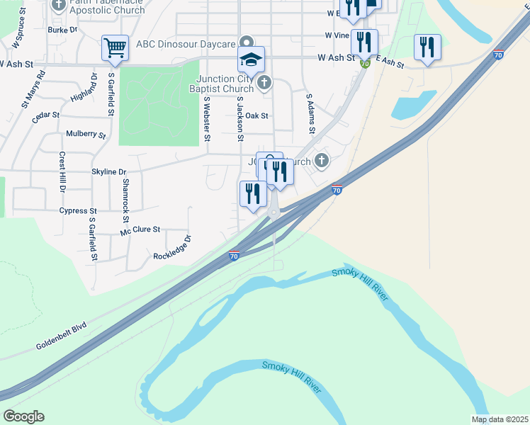 map of restaurants, bars, coffee shops, grocery stores, and more near 1128 U.S. 77 Alternate in Junction City