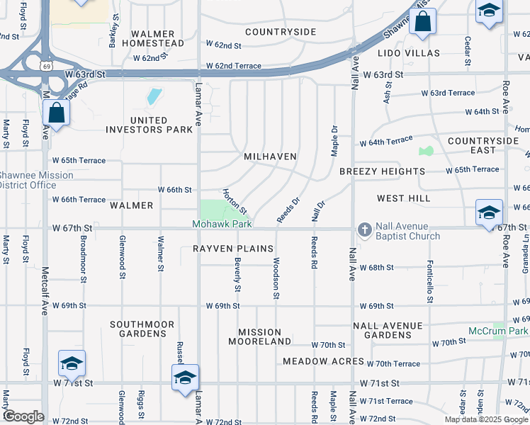 map of restaurants, bars, coffee shops, grocery stores, and more near 6656 Milhaven Drive in Mission