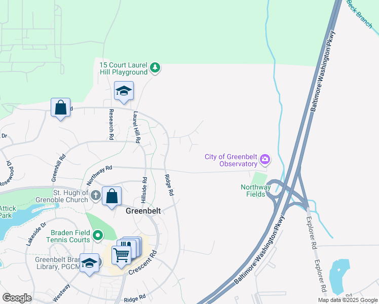 map of restaurants, bars, coffee shops, grocery stores, and more near 6 Plateau Place in Greenbelt