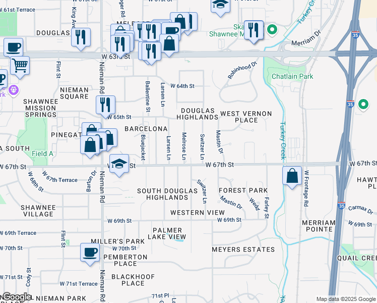 map of restaurants, bars, coffee shops, grocery stores, and more near 6541 Melrose Lane in Shawnee