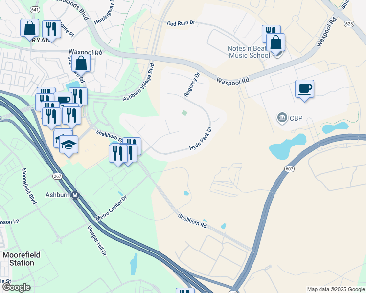 map of restaurants, bars, coffee shops, grocery stores, and more near 21963 Hyde Park Drive in Ashburn
