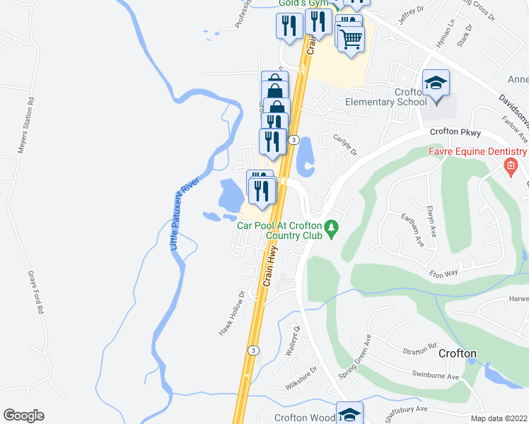 map of restaurants, bars, coffee shops, grocery stores, and more near 1286 Rte 3 in Crofton