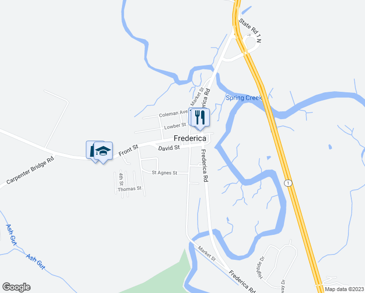 map of restaurants, bars, coffee shops, grocery stores, and more near David Street in Frederica