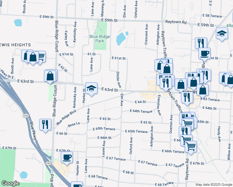 map of restaurants, bars, coffee shops, grocery stores, and more near 9201 East 63rd Street in Raytown