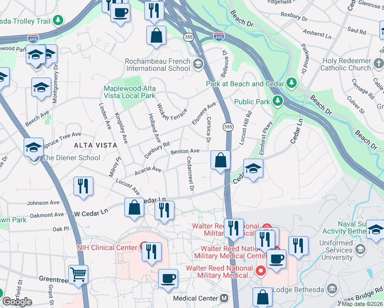 map of restaurants, bars, coffee shops, grocery stores, and more near 9303 Cedarcrest Drive in Bethesda