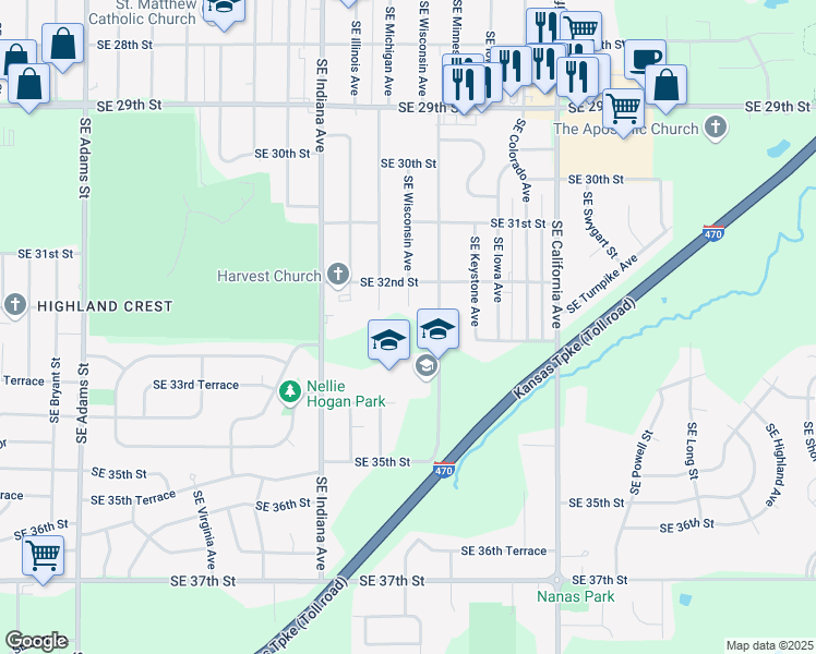 map of restaurants, bars, coffee shops, grocery stores, and more near 3229 Southeast Minnesota Avenue in Topeka