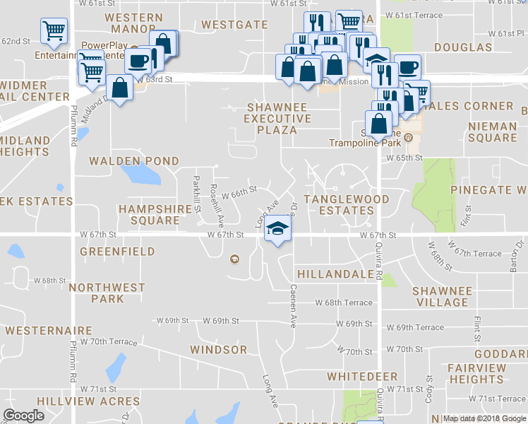 map of restaurants, bars, coffee shops, grocery stores, and more near 12514 66th Terrace in Shawnee
