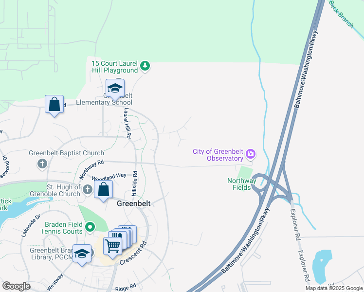 map of restaurants, bars, coffee shops, grocery stores, and more near 6 Plateau Place in Greenbelt