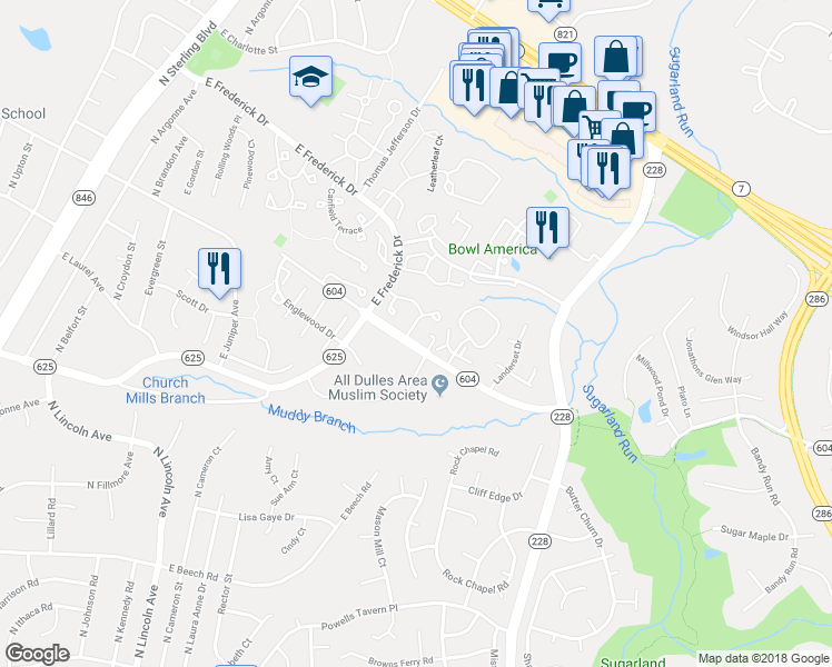 map of restaurants, bars, coffee shops, grocery stores, and more near 21966 Greentree Terrace in Sterling
