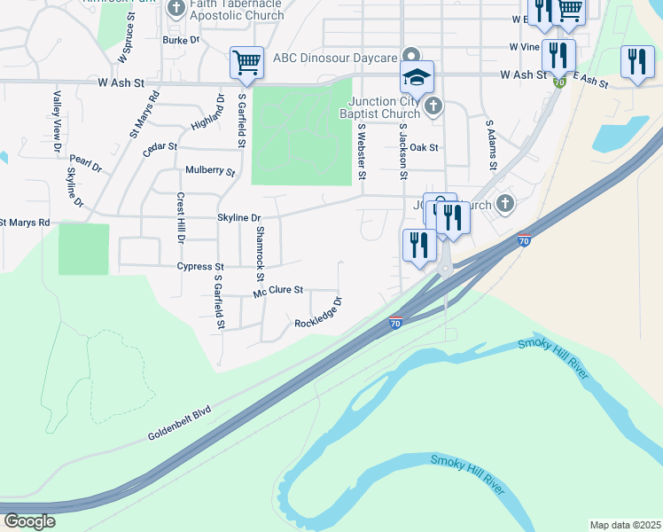 map of restaurants, bars, coffee shops, grocery stores, and more near 1330 Rockledge Drive in Junction City
