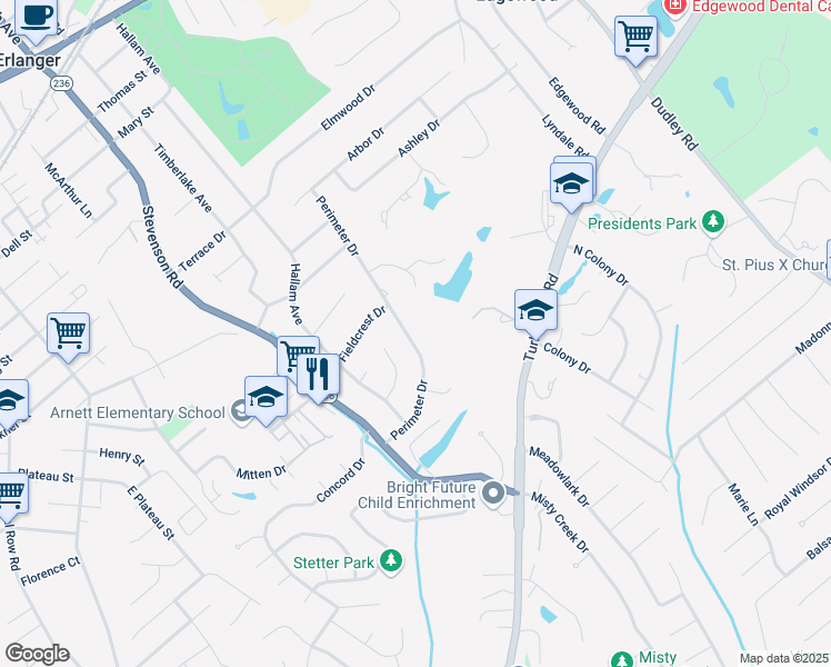map of restaurants, bars, coffee shops, grocery stores, and more near 606 Perimeter Drive in Erlanger