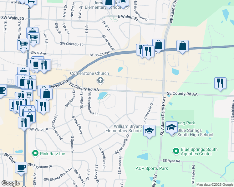 map of restaurants, bars, coffee shops, grocery stores, and more near 309 Southeast AA Highway in Blue Springs
