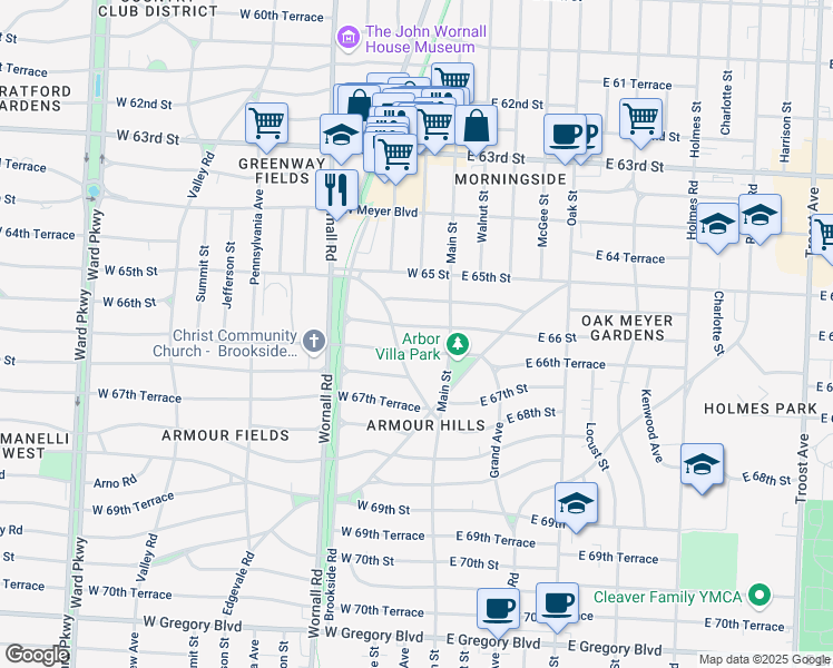 map of restaurants, bars, coffee shops, grocery stores, and more near 104 West 66 Street in Kansas City